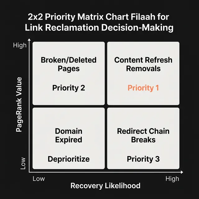 Priority matrix for the 6 types of lost backlinks showing recovery rate versus PageRank value recovered