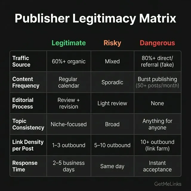 Publisher legitimacy matrix comparing legitimate, risky, and dangerous publisher signals across six evaluation criteria including traffic source, editorial process, and link density