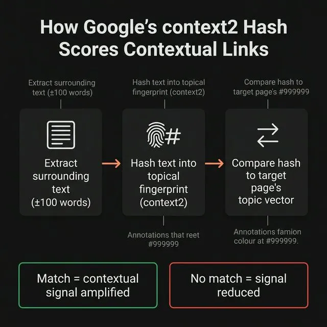 How Google's context2 hash scores contextual links — extracting surrounding text, hashing it, and comparing to target page topic.