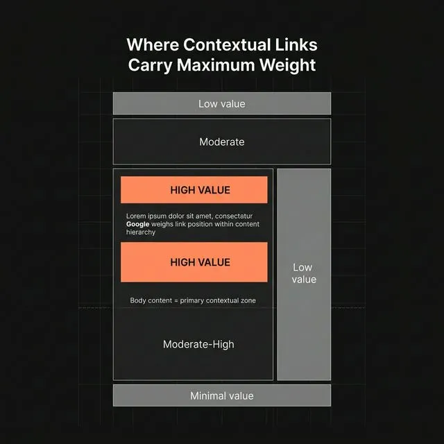 Where contextual links carry maximum weight — page layout showing body content as the primary contextual zone.