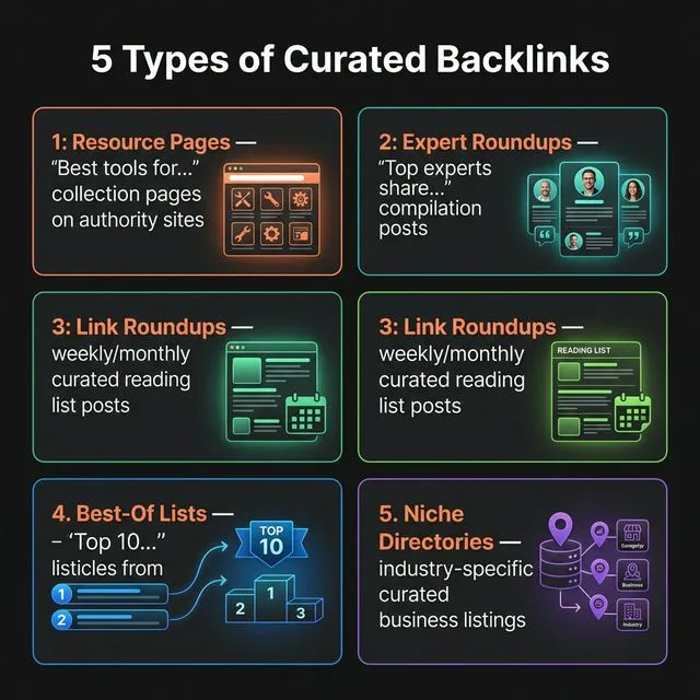 5 types of curated backlinks — resource pages, expert roundups, link roundups, best-of lists, and niche directories.