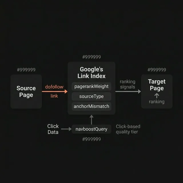 How dofollow link signals flow from source page to target page through Google's link index — including pagerankWeight, sourceType, and click-based quality tiering.