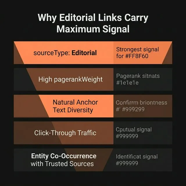Why editorial links carry maximum signal — sourceType, pagerankWeight, anchor diversity, click traffic, and entity co-occurrence.