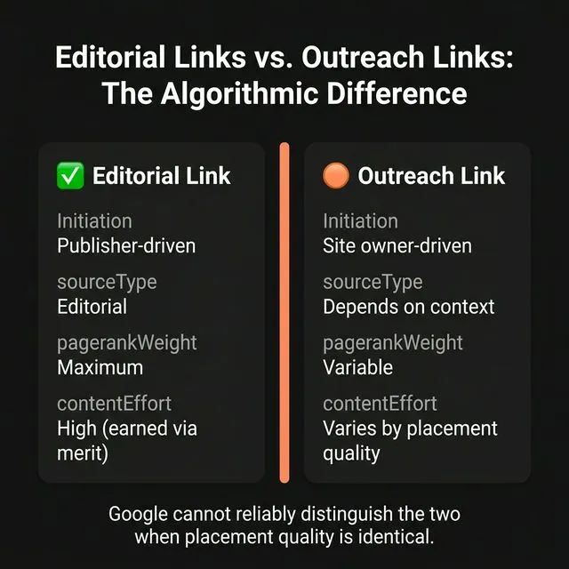 Editorial links vs. outreach links — the algorithmic difference across initiation, sourceType, pagerankWeight, and contentEffort.