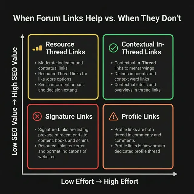 Decision matrix showing when forum links help (contextual, high-effort) vs. when they don't (signature spam, dead communities).