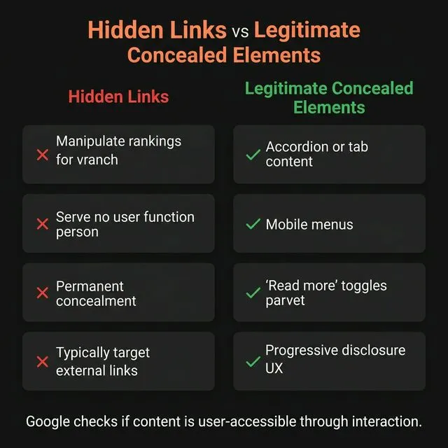 Hidden links vs legitimate concealed elements — manipulation vs UX best practices.