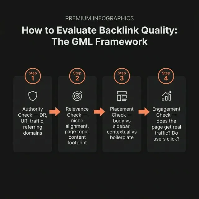 The GML framework for evaluating backlink quality — authority, relevance, placement, and engagement checks.