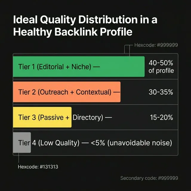 The ideal quality distribution in a healthy backlink profile — editorial and niche links forming the core.