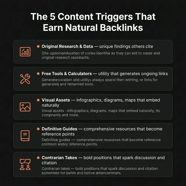 The 5 content triggers that earn natural backlinks — original research, free tools, visual assets, definitive guides, and contrarian takes.