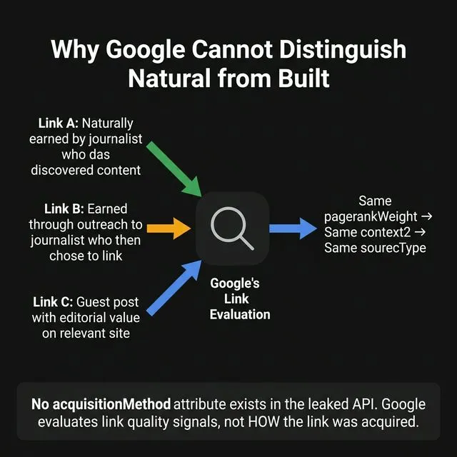 Why Google cannot distinguish natural from built — all links produce the same pagerankWeight, context2, and sourceType signals regardless of acquisition method.