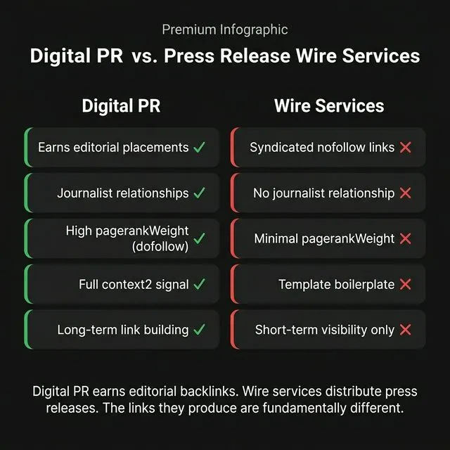 Digital PR vs press release wire services — editorial relationships earn dofollow links with full context, wire services produce nofollow syndication.