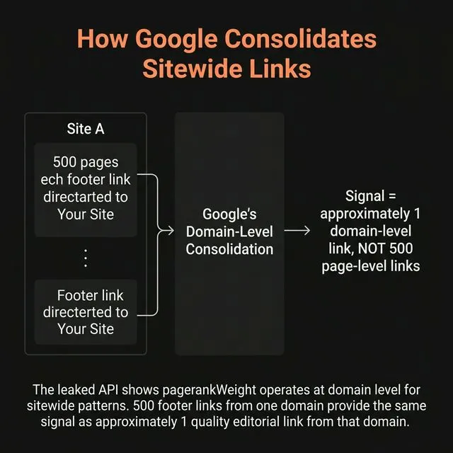 How Google consolidates sitewide links â€” 500 footer links from one domain equal approximately 1 domain-level signal.