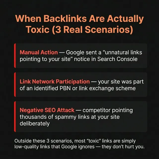When backlinks are actually toxic â€” 3 real scenarios: manual action, link network participation, negative SEO attack.