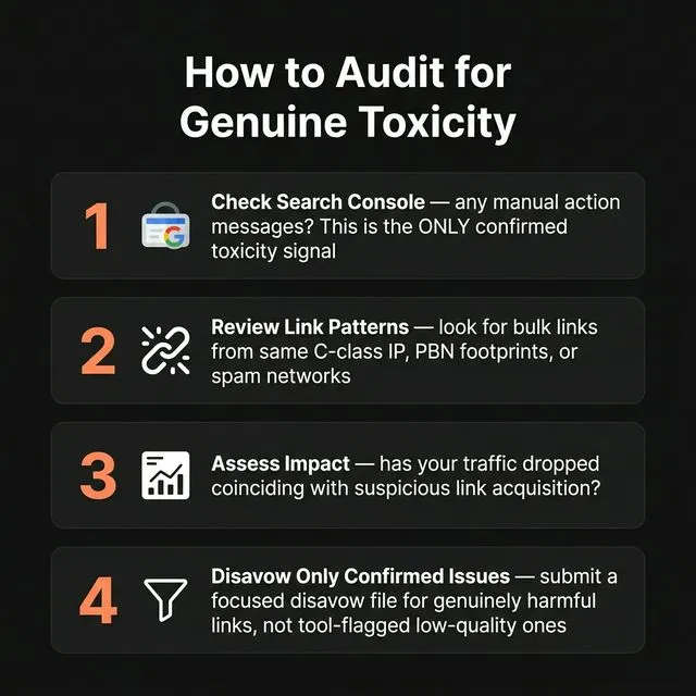4-step audit process for genuine link toxicity â€” check Search Console, review patterns, evaluate sources, disavow with evidence.
