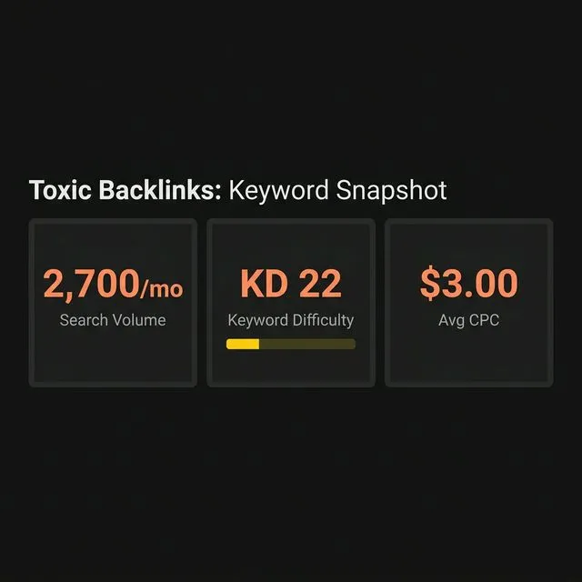 Toxic backlinks keyword snapshot â€” 2,700 monthly searches, KD 22, indicating moderate competition.