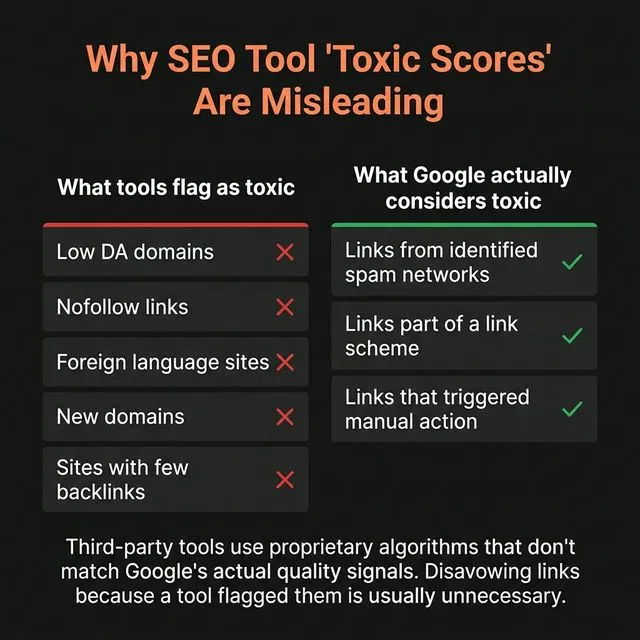 Why SEO tool toxic scores are misleading â€” what tools flag vs what Google actually considers toxic.