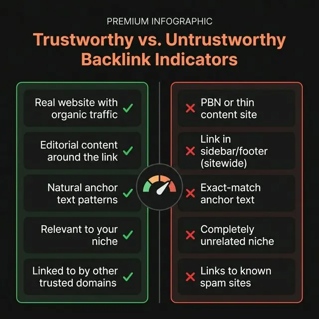 Trustworthy vs untrustworthy backlink indicators — green flags for real sites with editorial standards, red flags for PBNs and spam patterns.