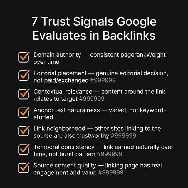 7 trust signals Google evaluates in backlinks — from domain authority consistency to source content quality.