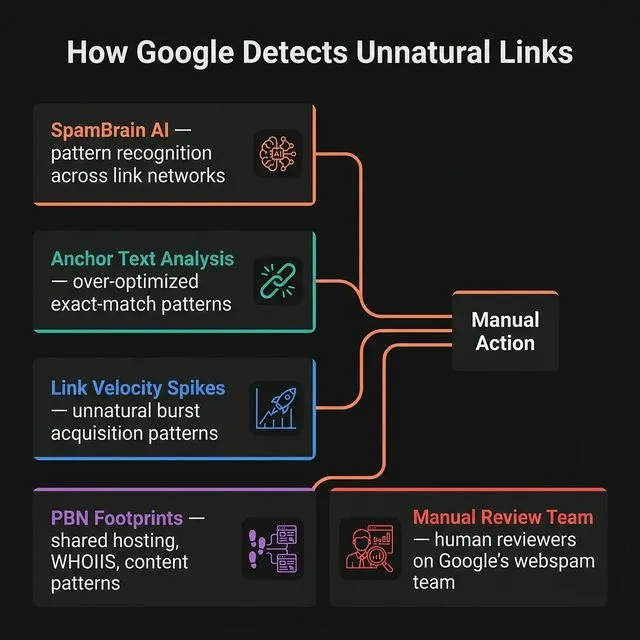 How Google detects unnatural links — SpamBrain algorithmic analysis + manual human review.