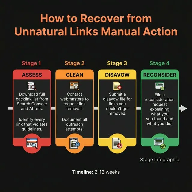 4-stage recovery from unnatural links manual action — assess, clean, disavow, reconsider.